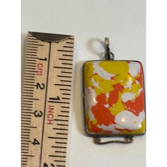 Vintage Rectangular Abstract Enamel Pendant With Silver-Tone Frame - Picture 5 of 6